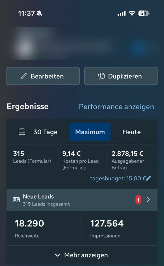 Ergebnis einer Recruiting-Kampagne von IdTify im Meta-Werbeanzeigenmanager: Pflegekräfte · zweite Kampagne