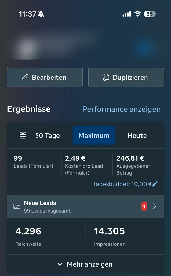 Ergebnis einer Recruiting-Kampagne von IdTify im Meta-Werbeanzeigenmanager: Pflegekräfte für einen Pflegedienst