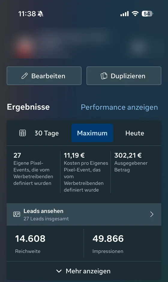 Ergebnis einer Recruiting-Kampagne von IdTify im Meta-Werbeanzeigenmanager: Servicetechniker mit Bewerbungs-Funnel